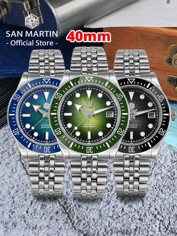 San Martin 40mm Men's Luxury Diver Watch Miyota 9015 Enamel Sunburst Dial Automatic Mechanical Wristwatch Waterproof 200m SN0148